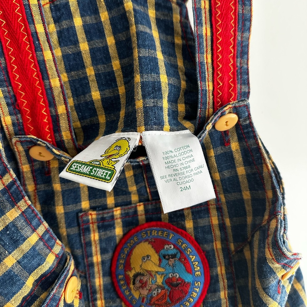 Vintage Sesame Street Plaid patch kids shortalls - Picture 3 of 5